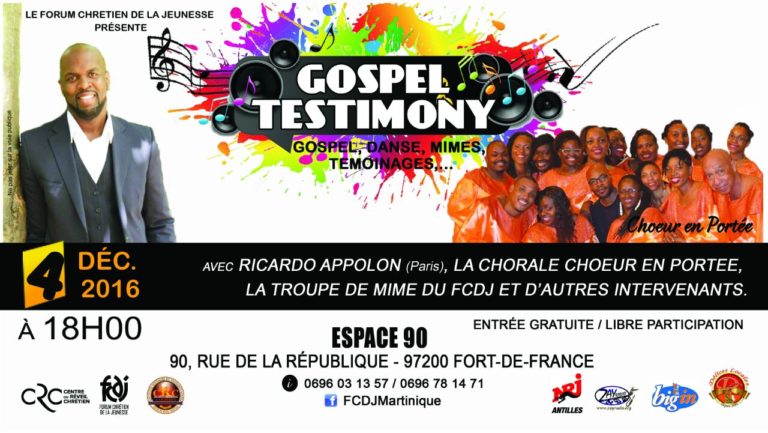 Le Gospel Testimony avec Ricardo Apollon, ce dimanche 4 décembre 2016