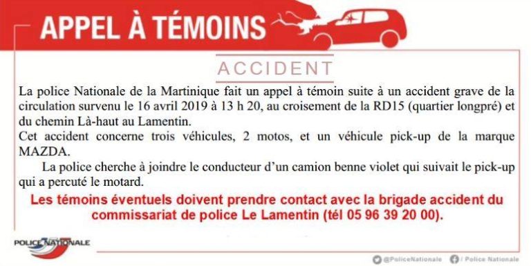 Appel à témoins lancé suite à un grave accident survenu au Lamentin