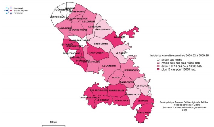 Communes touchées par la dengue en Martinique